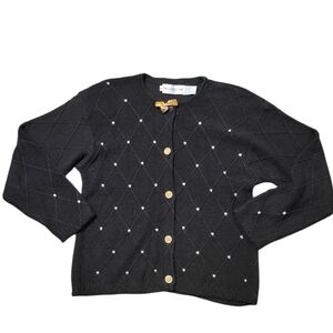 Vintage Eagles Eye Women's Cardigan Sweater Black GOLD Heart Charms Large